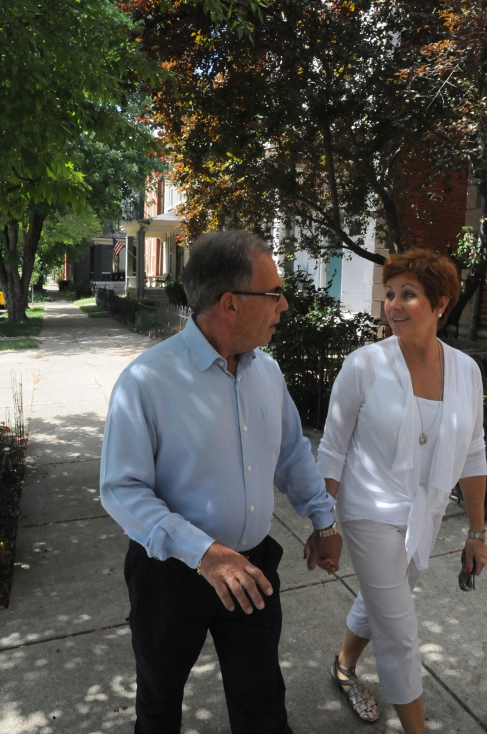 couple strolling outside